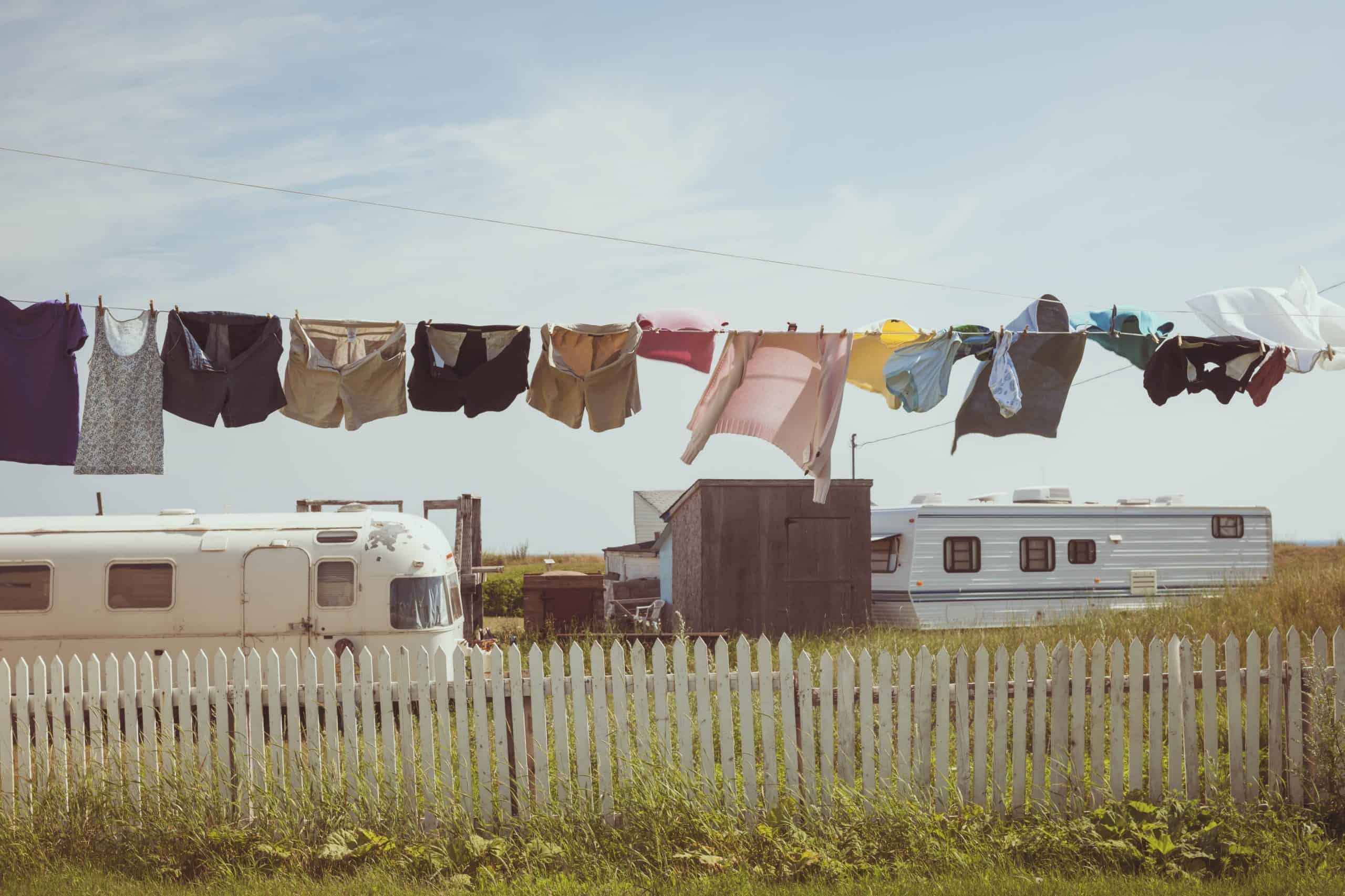 Clothesline blowing in a breeze in front of Trailers