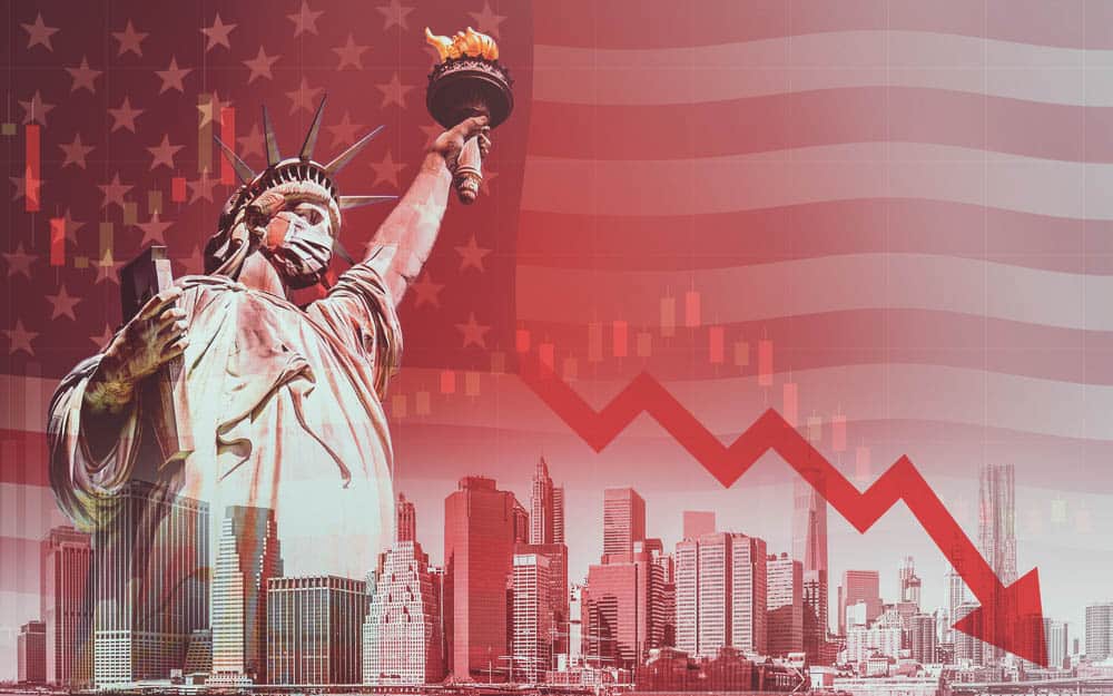 Statue Of Liberty With Mask On With Depiction Of Stock Market Crashing