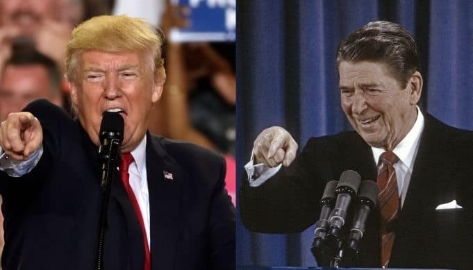 Donald Trump and Ronald Reagan both pointing