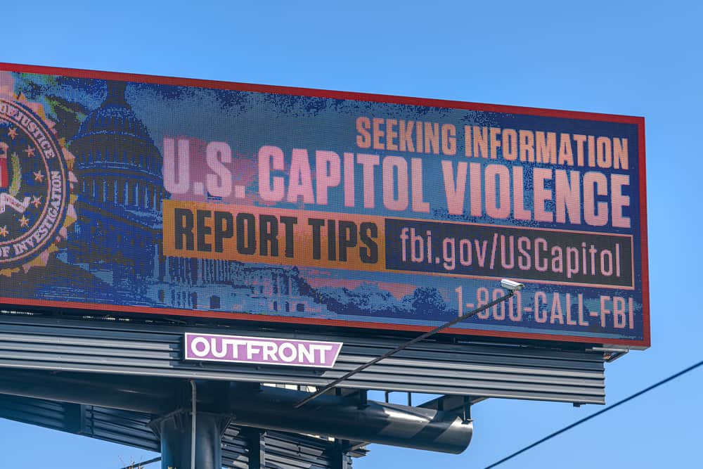 Billboard saying "Seeking Information on US Capitol Violence"