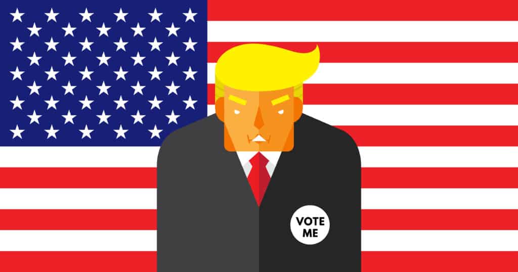 Trump Illustration looking angry and looking down. His button says "Vote me."