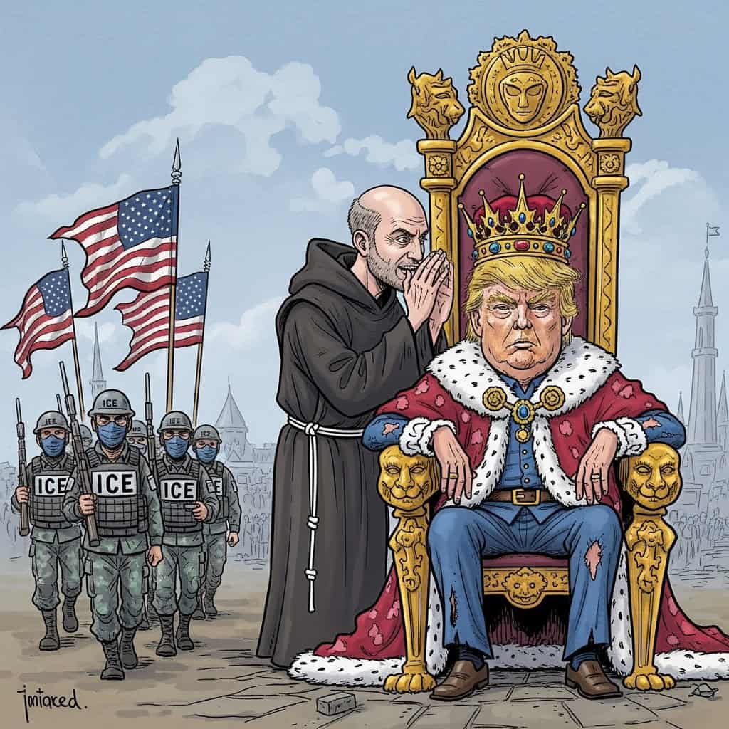 Stephen Miller whispering into King Trump's ear with ICE looking like troops, marching towards the camera