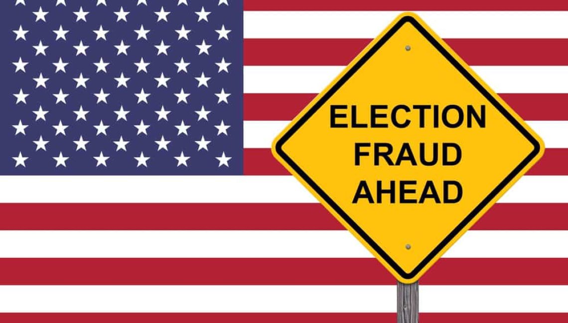 American Flag with a caution sign in front of it saying “Election Fraud Ahead” American Flag with a caution sign in front of it saying "Election Fraud Ahead"